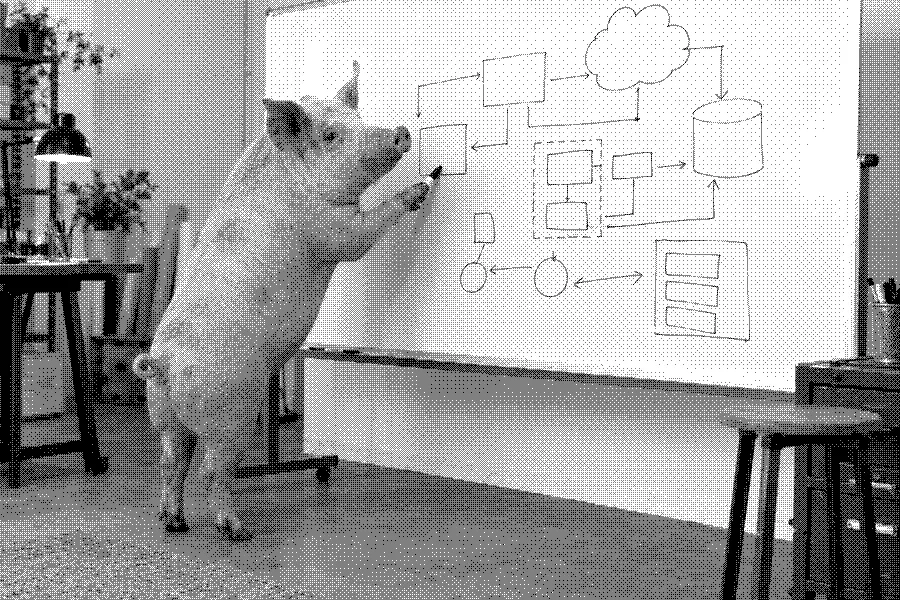 A pig drawing a system diagram on a large whiteboard.